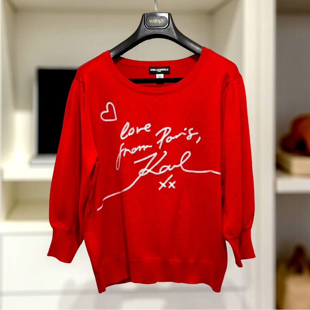 Karl Lagerfeld NWT Sz L Signature Karl Red White Embroidered Knit Sweater (0549) - Picture 1 of 11
